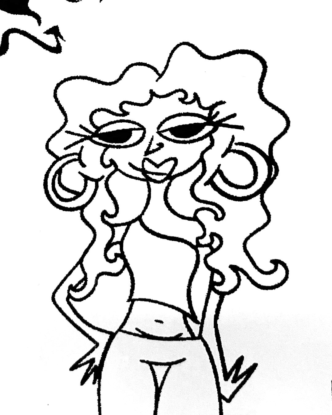 Black line drawing of a figure with curly hair and hoop earrings