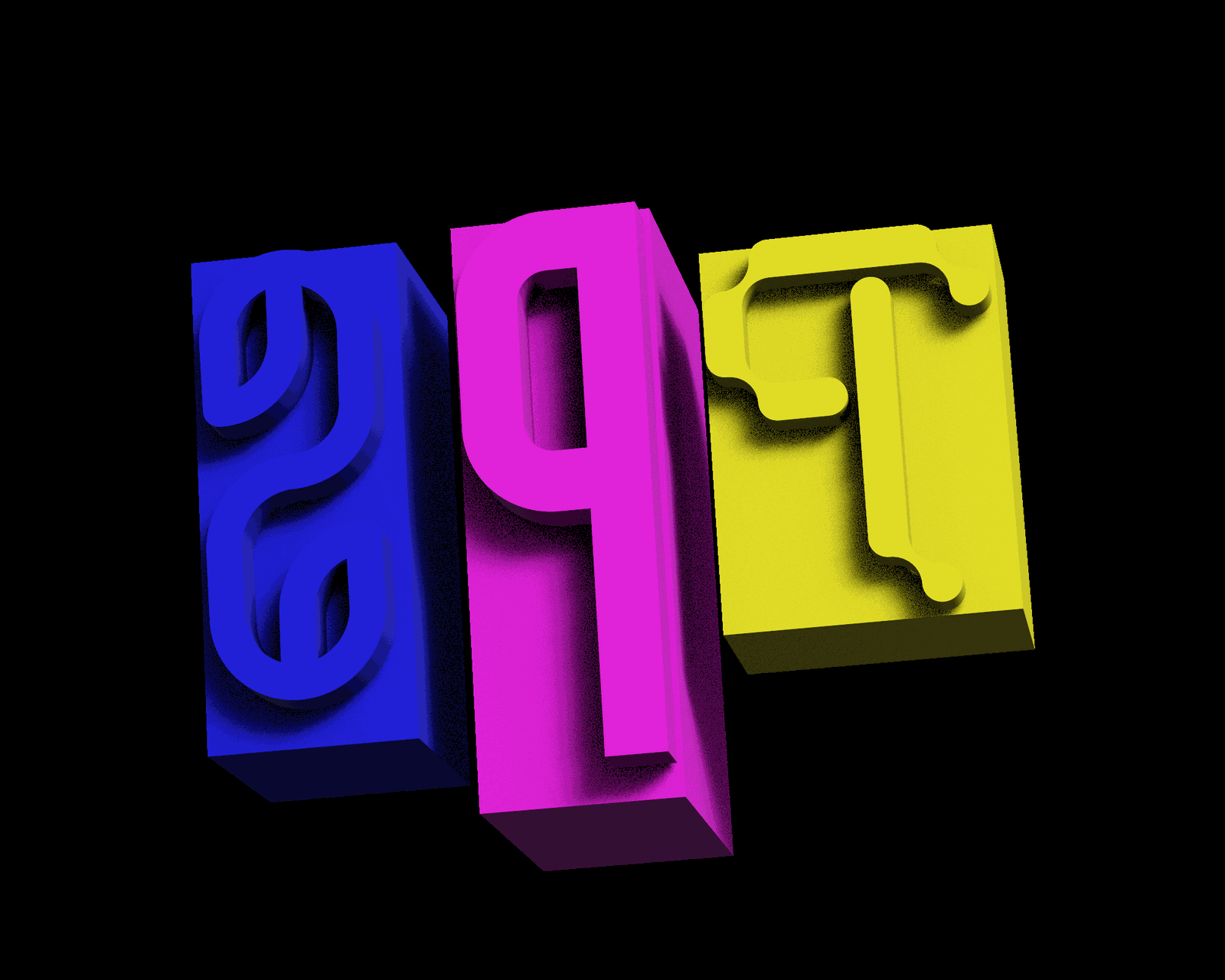 Three 3D printed type blocks in blue, magenta and yellow, each carrying a reversed letter